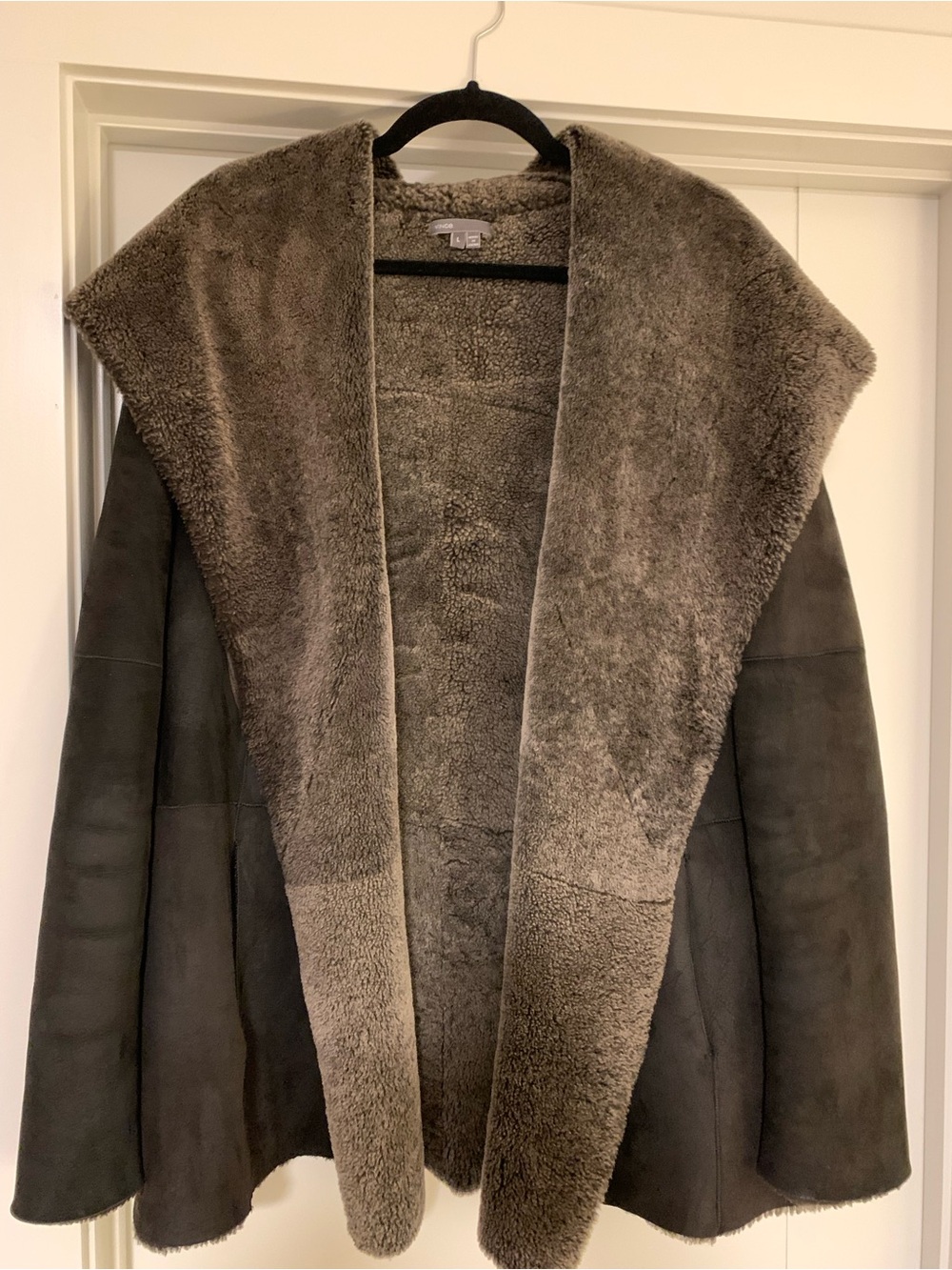 Womens Gray Suede Shearling Hooded Coat